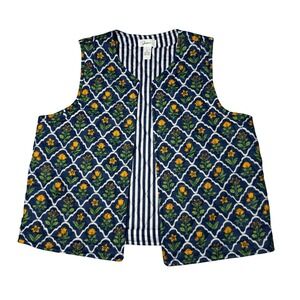 Japna Quilted Reversible Floral Open‎ Vest Cottage Granny Coastal Chic L Cotton